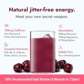 Prepared Zipfizz drink in a glass with vibrant black cherry flavor