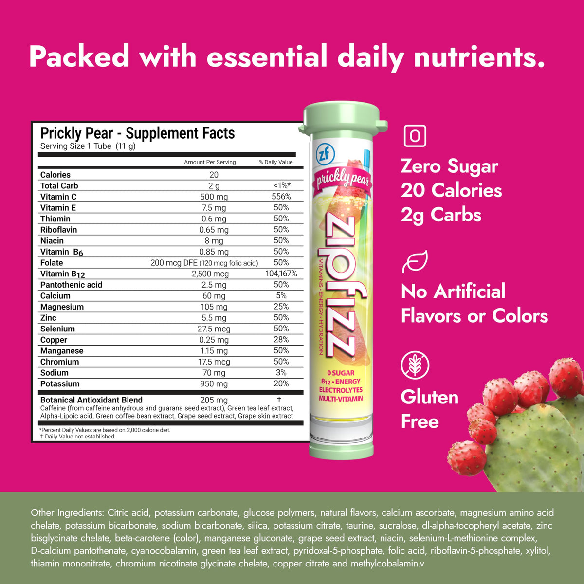 Zipfizz nutrition label showing vitamins and electrolytes.