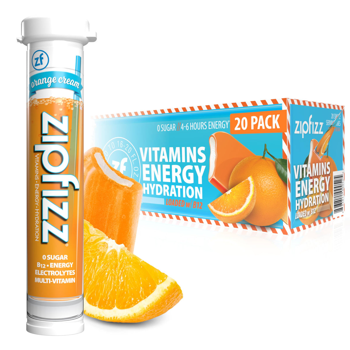 Zipfizz orange-cream-tube dissolving in water for sustained energy.