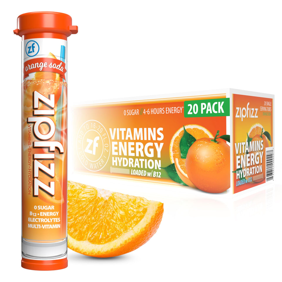 Zipfizz orange soda flavor packet close-up for on-the-go energy