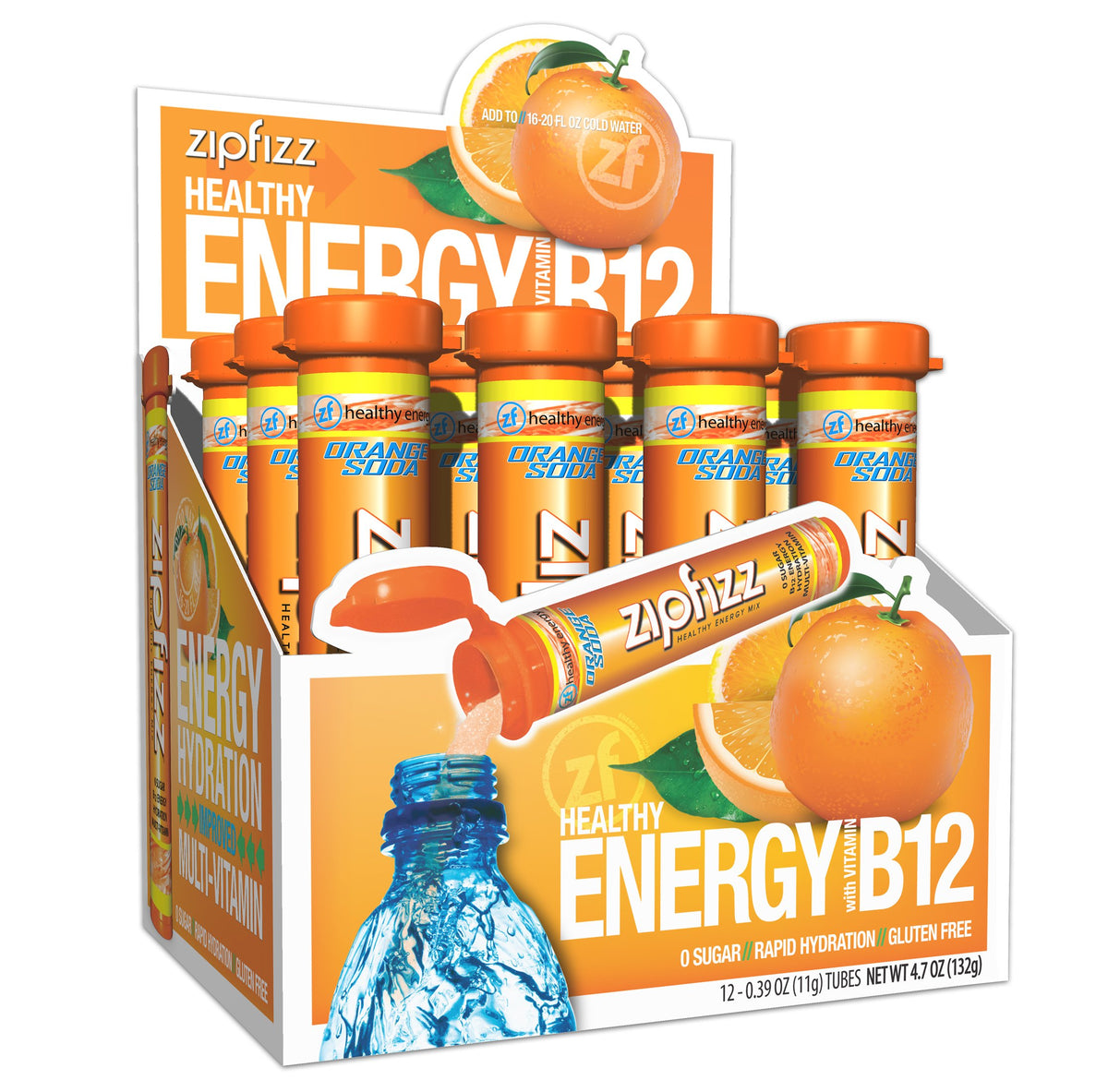 Zipfizz orange soda packet poured for a refreshing energy boost