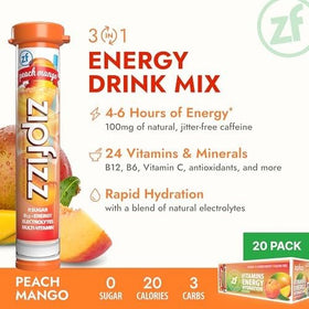 Zipfizz Peach Mango label closeup highlights vitamin-packed formula.