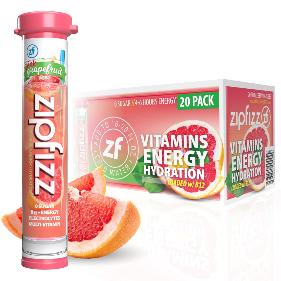 Zipfizz pink grapefruit packaging highlights a sugar-free energy boost.