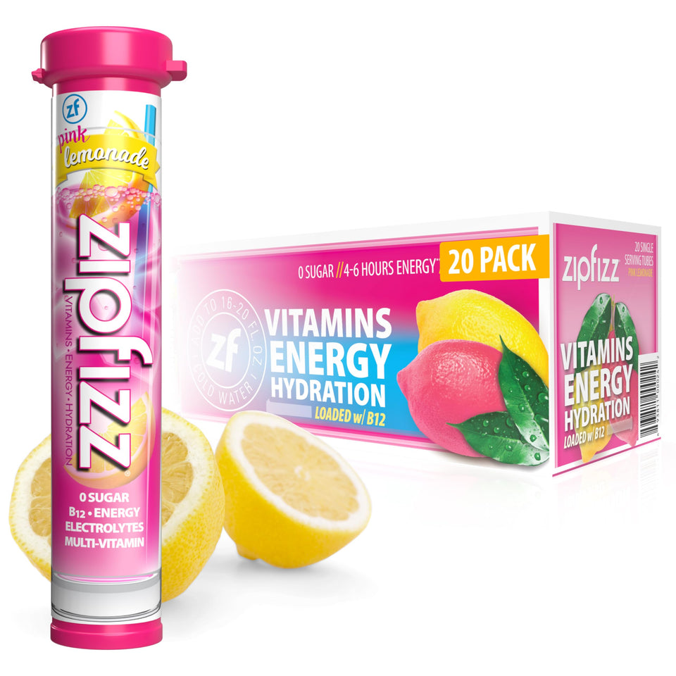 Zipfizz pink lemonade powder packet ready for a sugar-free energy boost during workouts