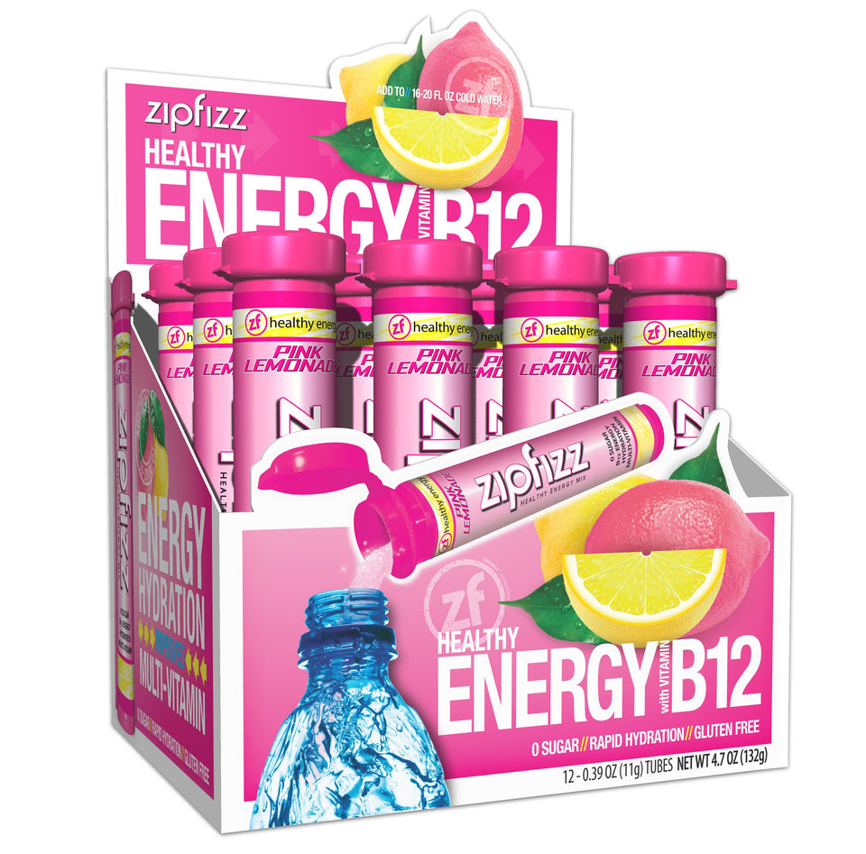 Zipfizz Pink Lemonade tubes showing a sugar-free energy boost for busy days