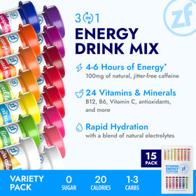 Zipfizz powder packet closeup highlights sugar-free formula and natural caffeine