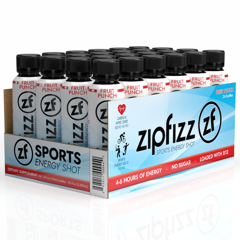 Zipfizz Sport Energy Shot Fruit Punch front view emphasizes quick energy.