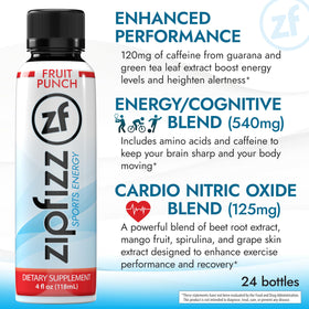 Zipfizz Sport Energy Shot Fruit Punch label detail highlights vitamins.