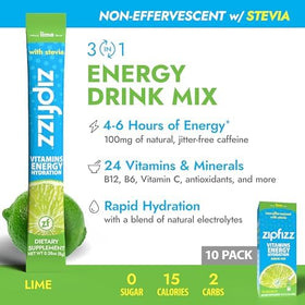 Close-up of Zipfizz Lime sachet dissolving for smooth, sustained energy.