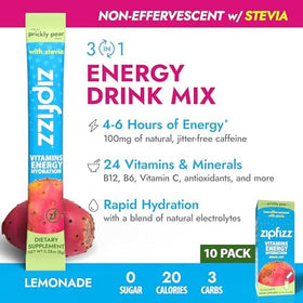 Zipfizz Stevia Prickly Pear powder mixed in a glass for smooth energy.