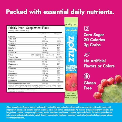 Zipfizz Stevia Prickly Pear sachet dissolving in water for steady hydration.