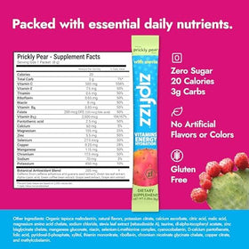 Zipfizz Stevia Prickly Pear sachet dissolving in water for steady hydration.