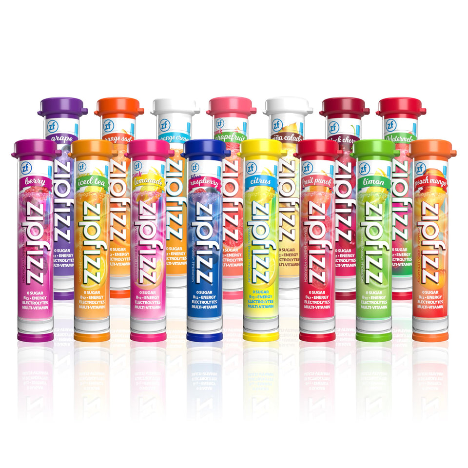 Zipfizz variety-pack tubes front shows 15 flavors for daily energy and hydration