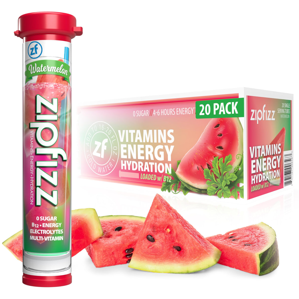 Zipfizz Watermelon energy tube for on-the-go hydration and steady energy.