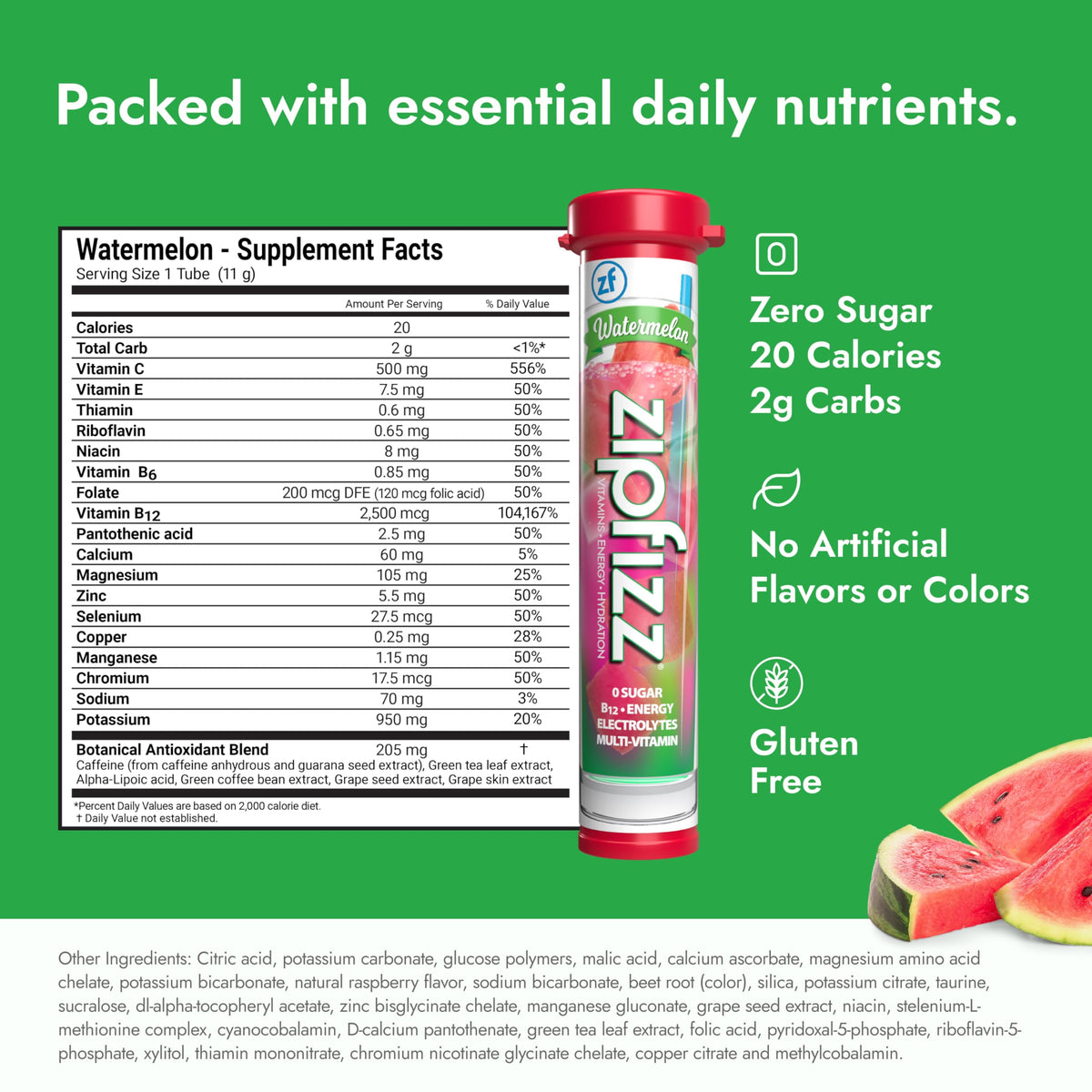 Zipfizz Watermelon nutrition ingredients highlight essential vitamins and minerals.