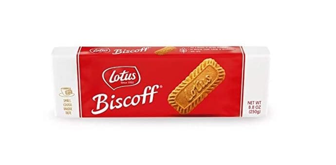 ZiQ Lotus Biscoff cookies beside a coffee cup for a classic pairing.