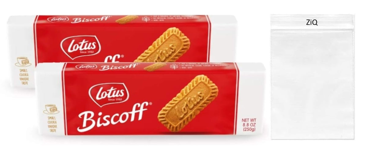 ZiQ Lotus Biscoff cookies in a two-pack, pantry-friendly snack.
