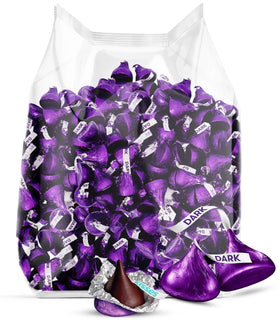 Zisbers bulk dark chocolate kisses in purple foil for party favors.