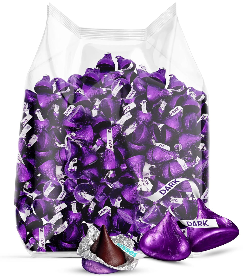 Zisbers bulk dark chocolate kisses in purple foil for party favors.