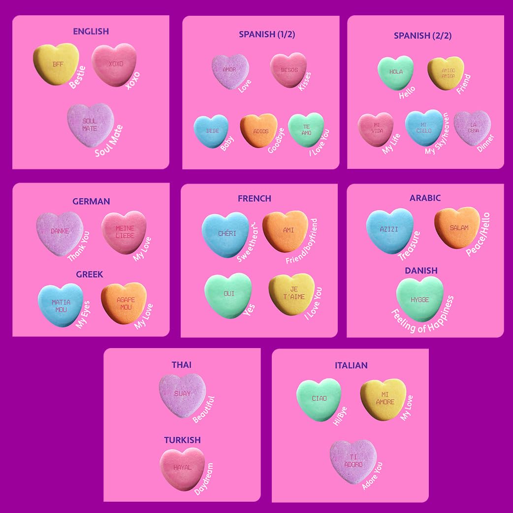 Zisbers conversation hearts decorate gift bags and dessert tables with a charming global touch.