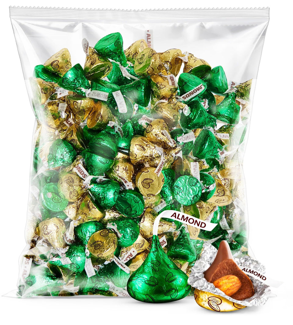 Zisbers green and gold almond chocolate kisses in a 1 lb bag for sharing.