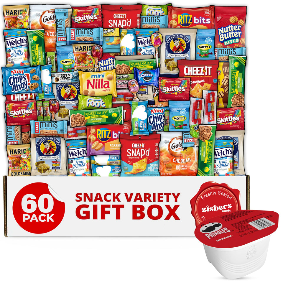 Zisbers Snack Box Care Package gift box with 60 snacks for gifting and sharing.