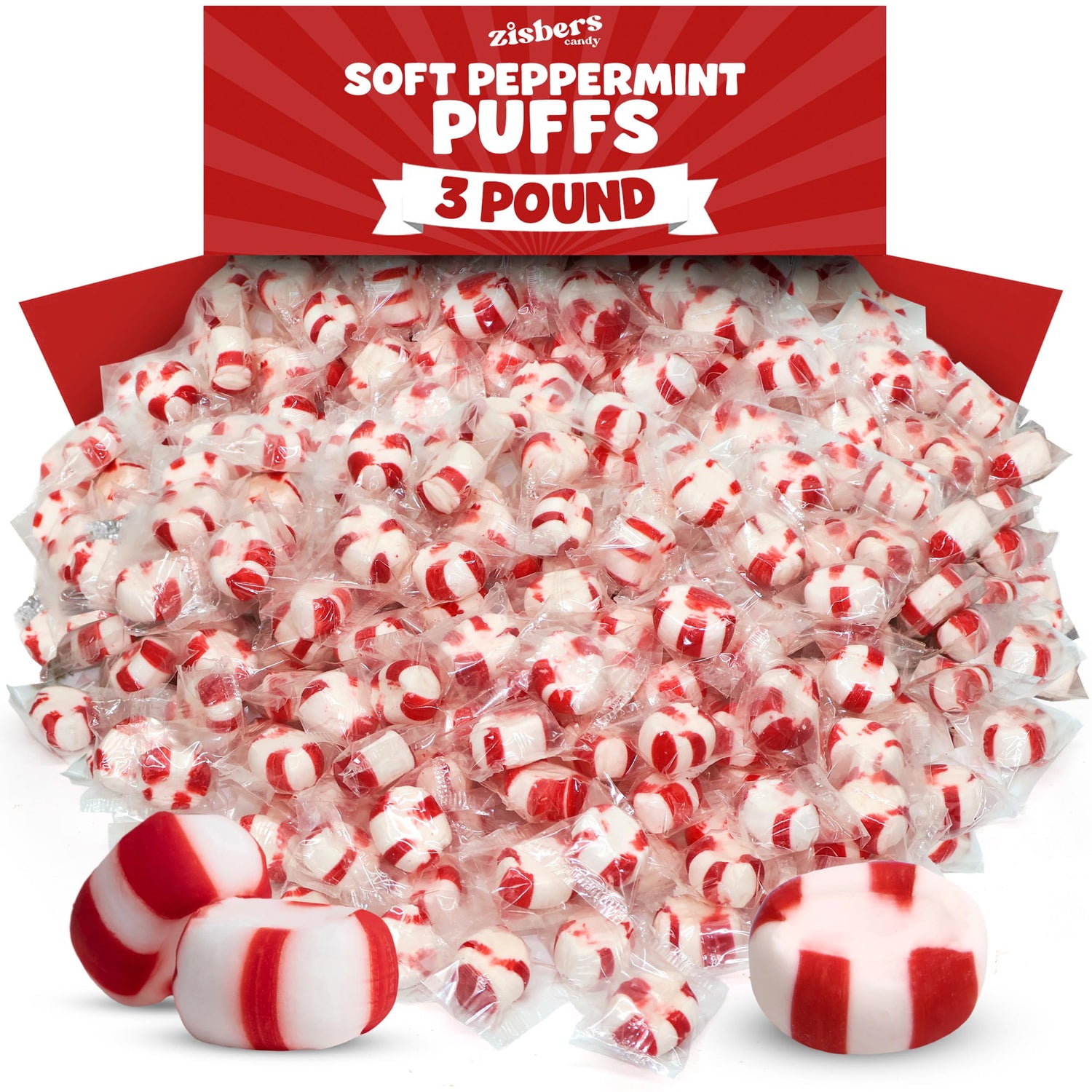 Zisbers Soft Peppermint Puffs bag for party bowls and gifting, with refreshing flavor.