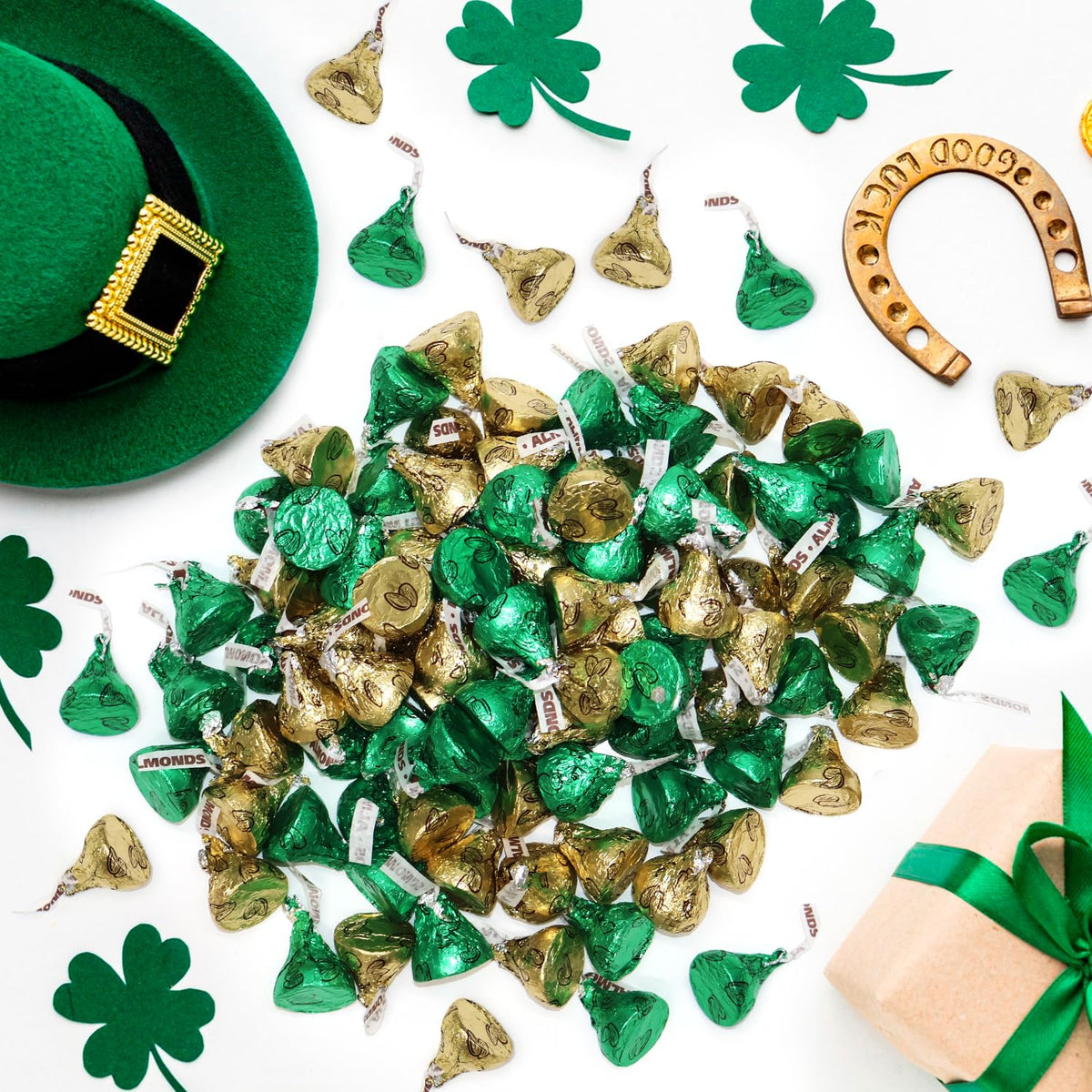 Zisbers St. Patrick's Day candy buffet centerpiece with festive green and gold.
