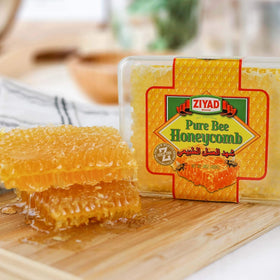 Ziyad Raw Honeycomb close-up; edible beeswax and liquid honey visible.