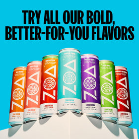 ZOA Energy label close-up showing electrolytes and zero sugar benefits