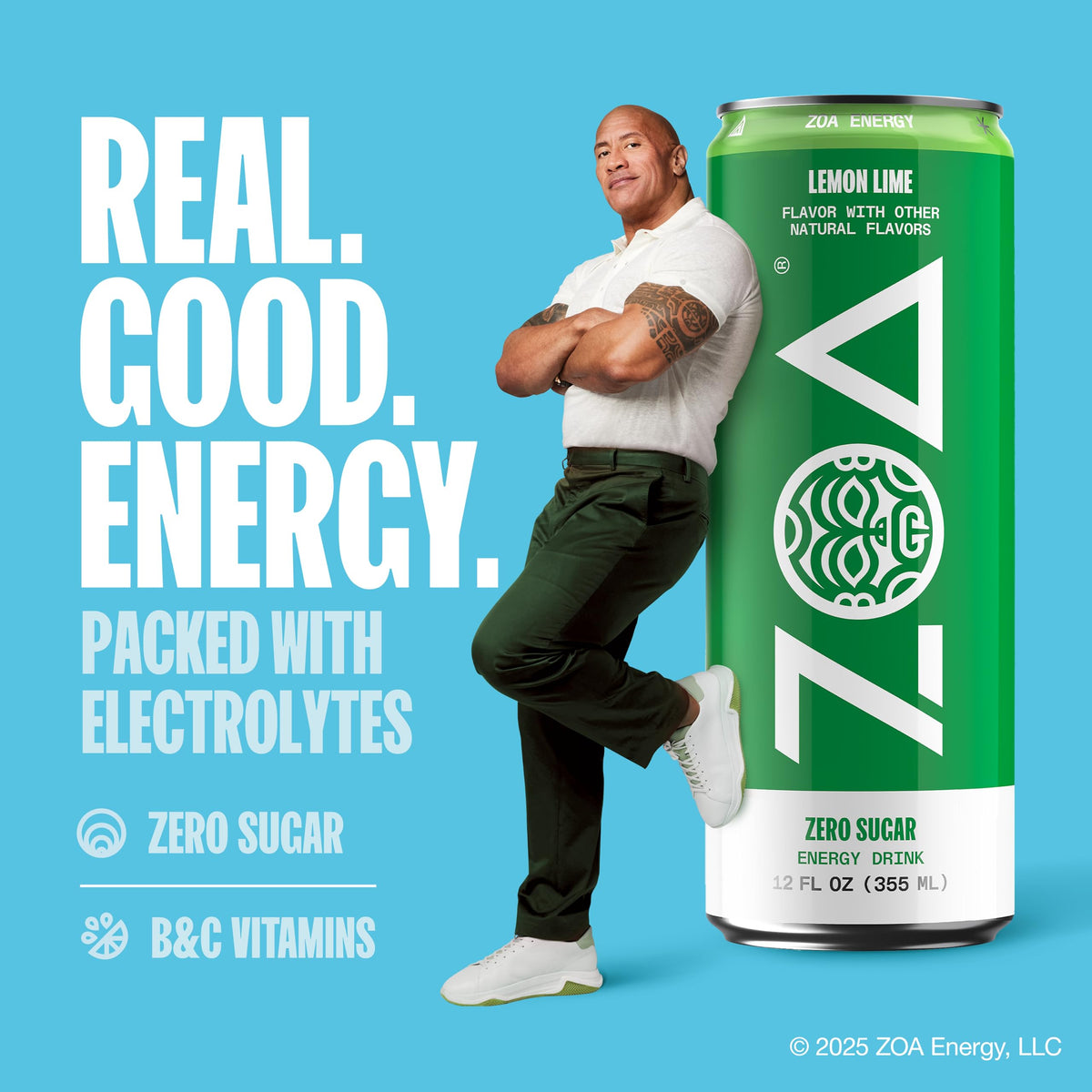 ZOA Energy Lemon Lime label emphasizes vitamins and electrolytes for daily vitality