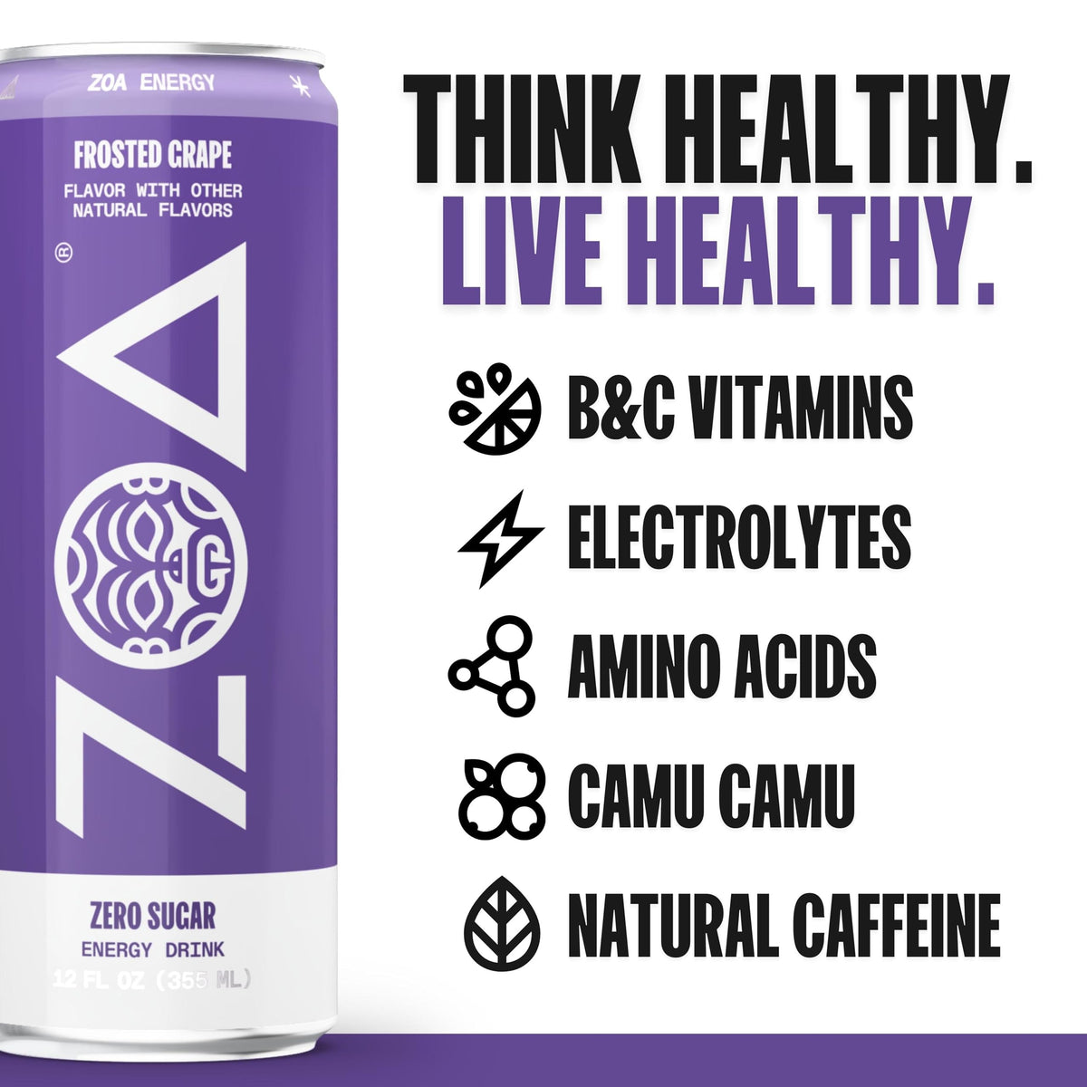 ZOA Frosted Grape electrolyte graphic highlights hydration support.
