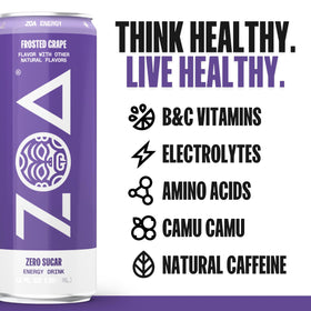 ZOA Frosted Grape electrolyte graphic highlights hydration support.