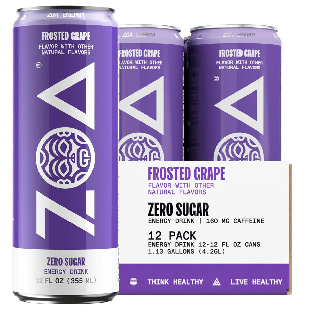 ZOA Frosted Grape front can view showcases zero sugar energy for daily performance.