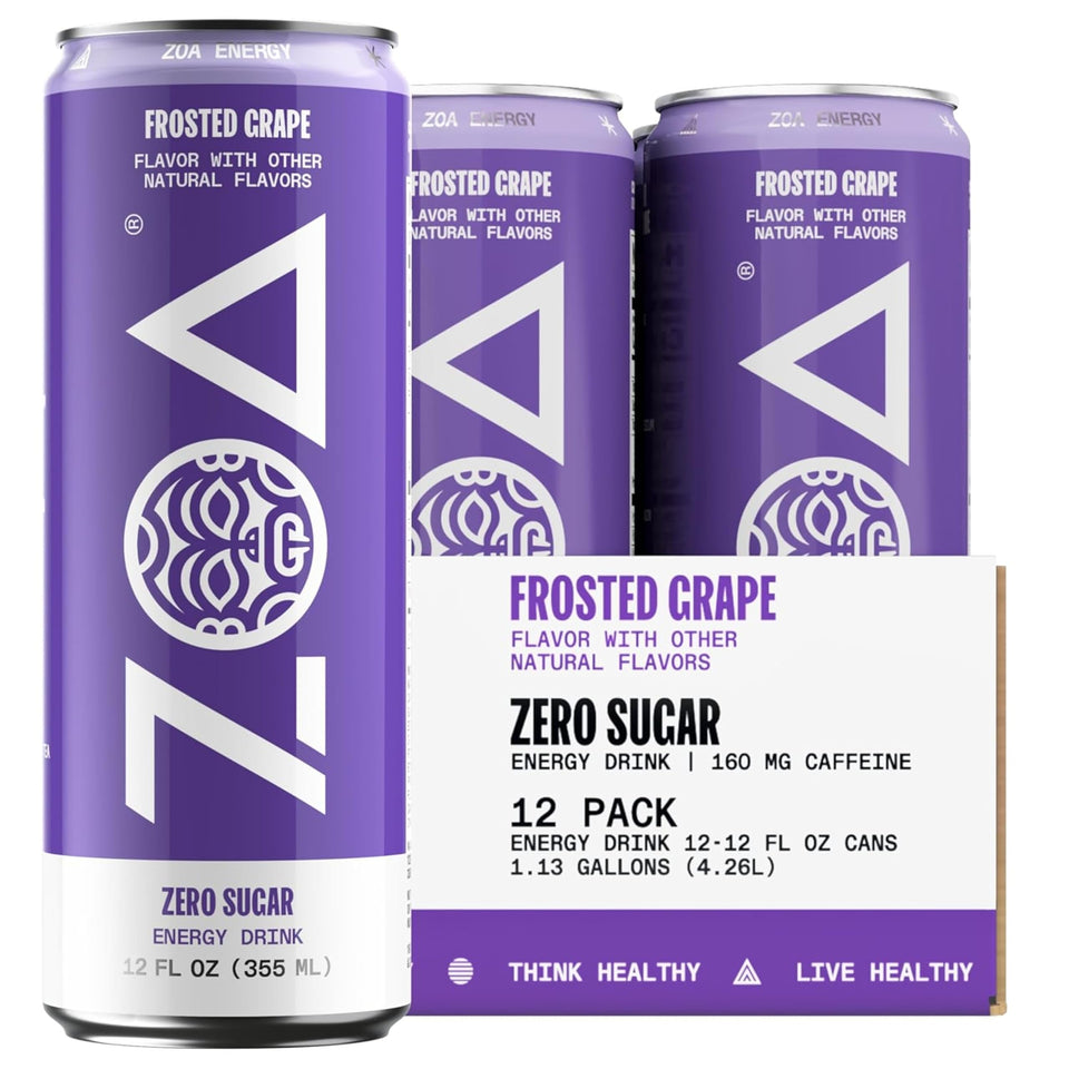 ZOA Frosted Grape front can view showcases zero sugar energy for daily performance.