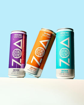 ZOA green tea caffeine source label promoting smooth, steady energy.