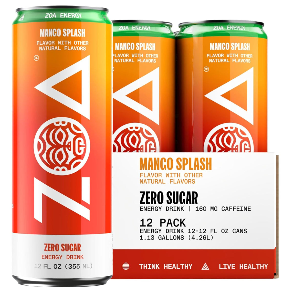 ZOA Mango Splash can front view, refreshing energy from green tea caffeine