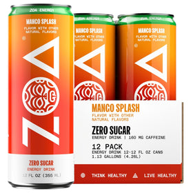ZOA Mango Splash can front view, refreshing energy from green tea caffeine