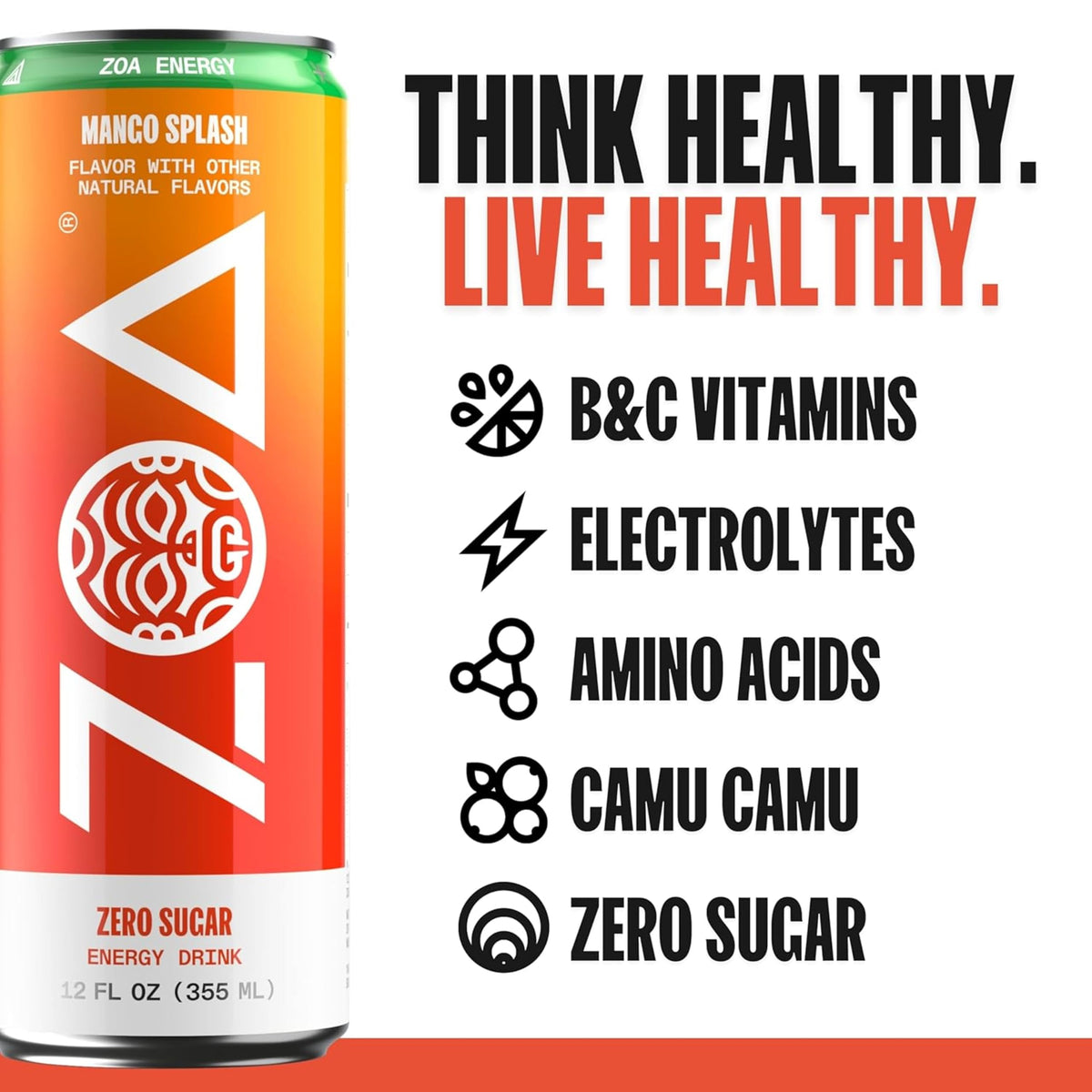 ZOA Mango Splash can side view, sugar-free formula supports clean energy
