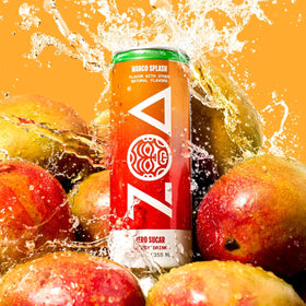 ZOA Mango Splash label close-up shows Vitamin C and B-vitamin content
