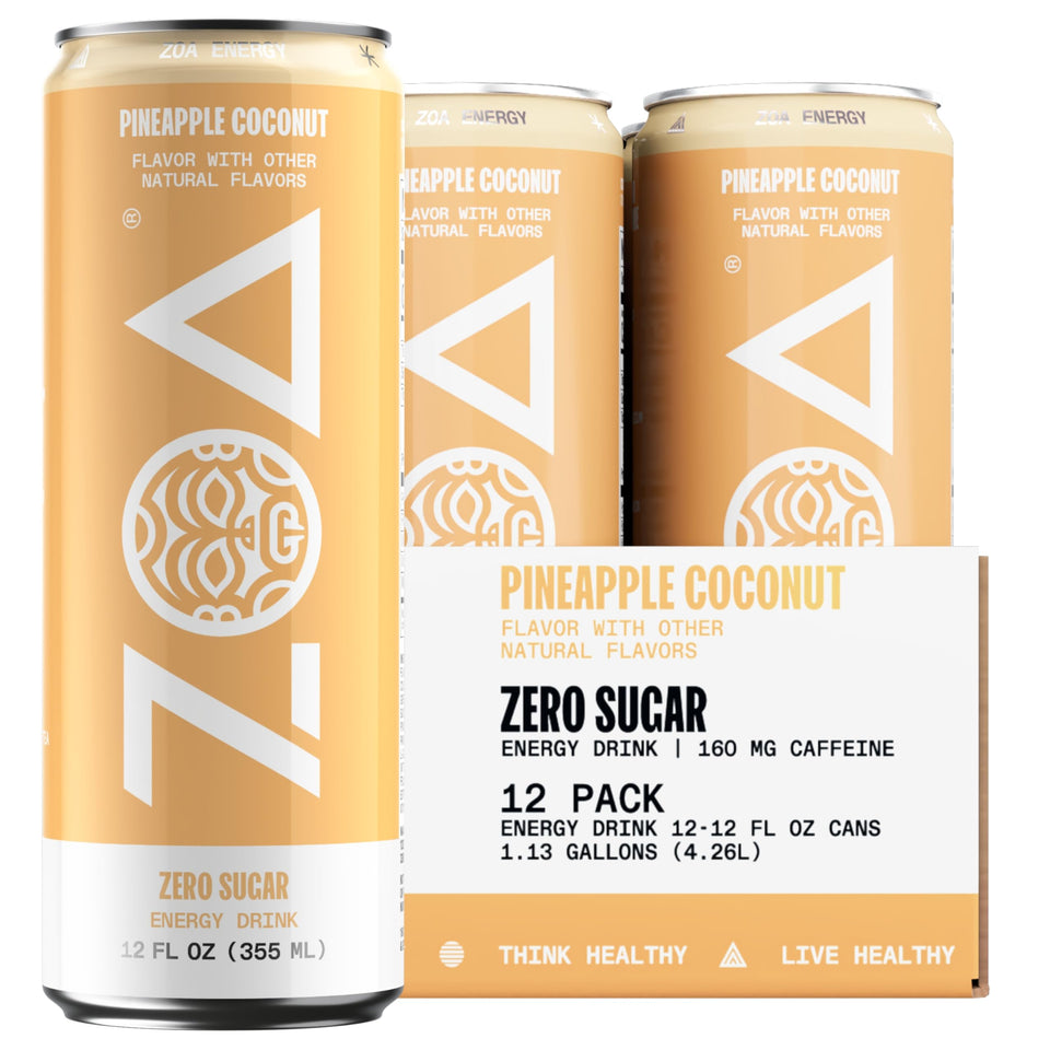 ZOA Pineapple Coconut can front view highlighting clean energy on the label