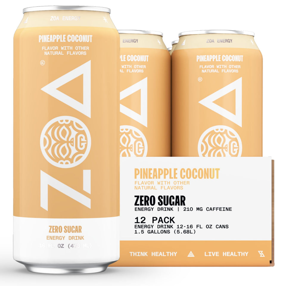 ZOA Pineapple Coconut energy can front view for on-the-go energy boost and keto-friendly choice.