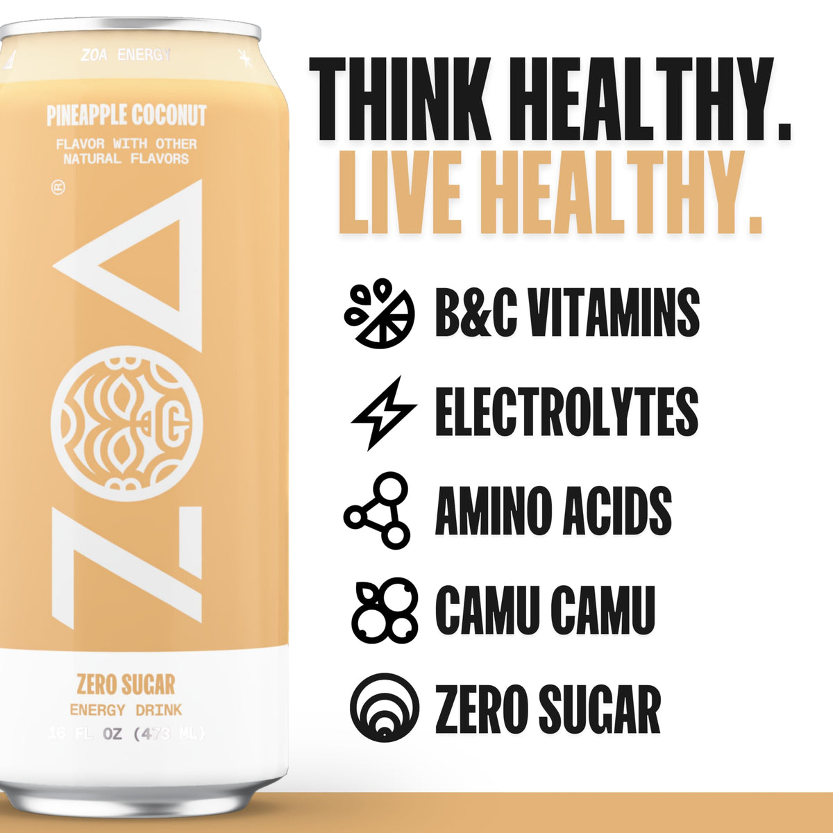 ZOA Pineapple Coconut energy can nutrition label close-up highlighting vitamins.