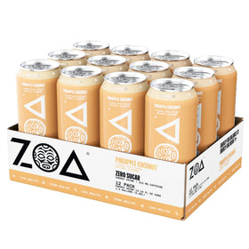 ZOA Pineapple Coconut can with ice and straw evokes tropical refreshment and hydration.