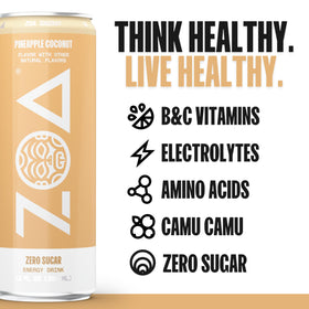 ZOA Pineapple Coconut nutrition panel showing zero sugar and vitamin C