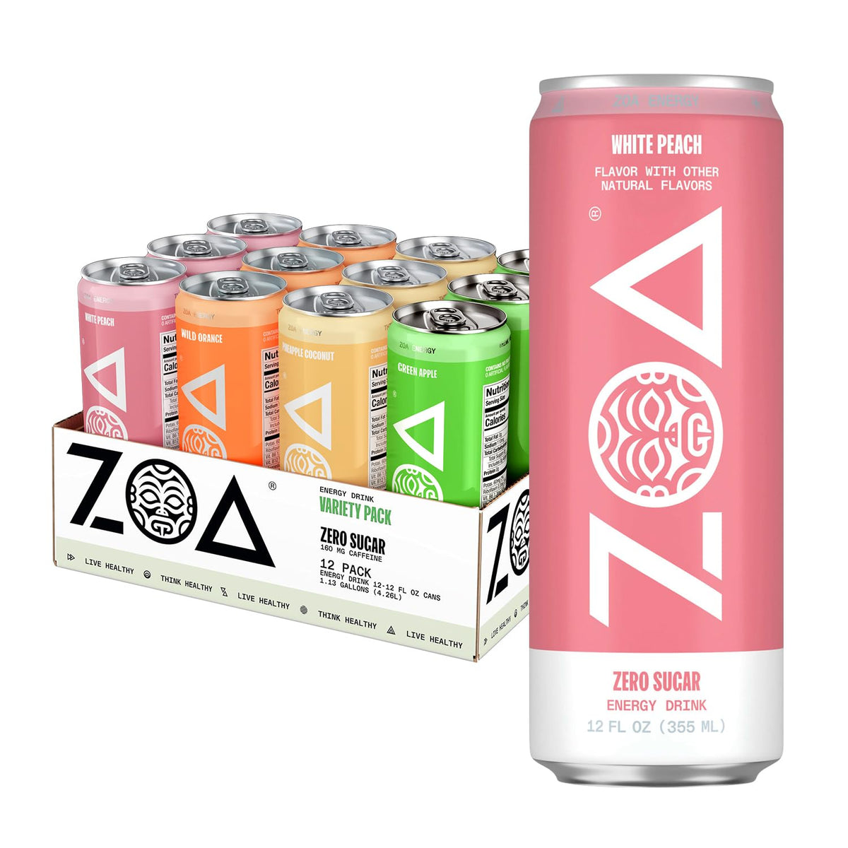 ZOA Remix Variety Pack cans showing sugar-free energy with electrolytes for on-the-go vitality.
