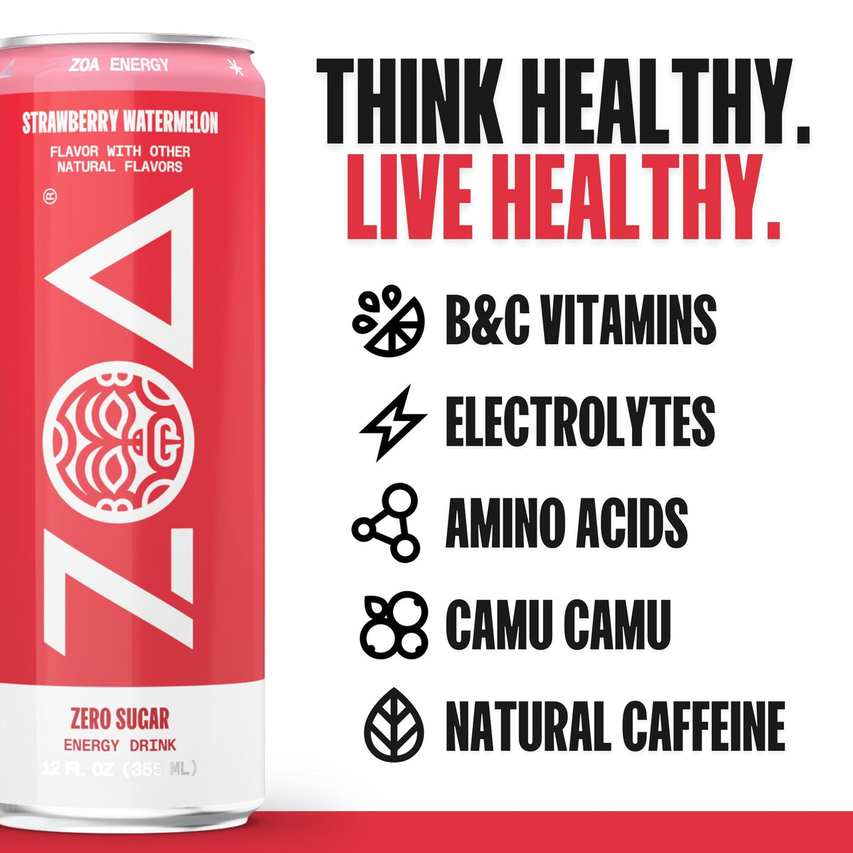 ZOA Strawberry Watermelon 12oz can on cafe table, quick refreshment between tasks.