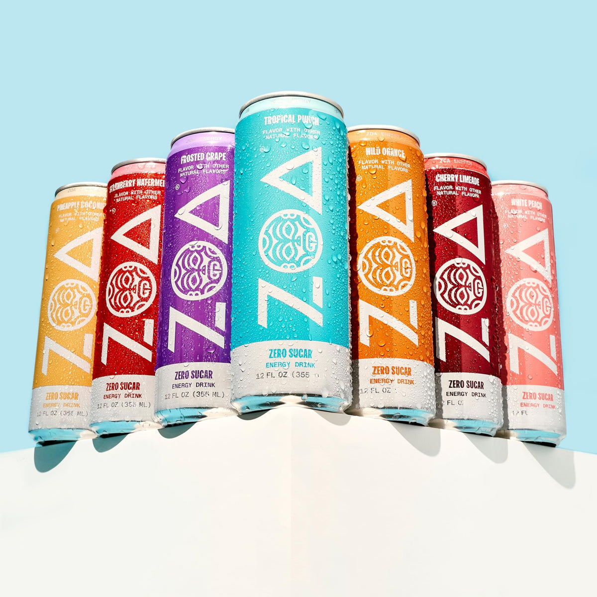 ZOA Tropical Punch brand label closeup highlights natural caffeine and vitamin info