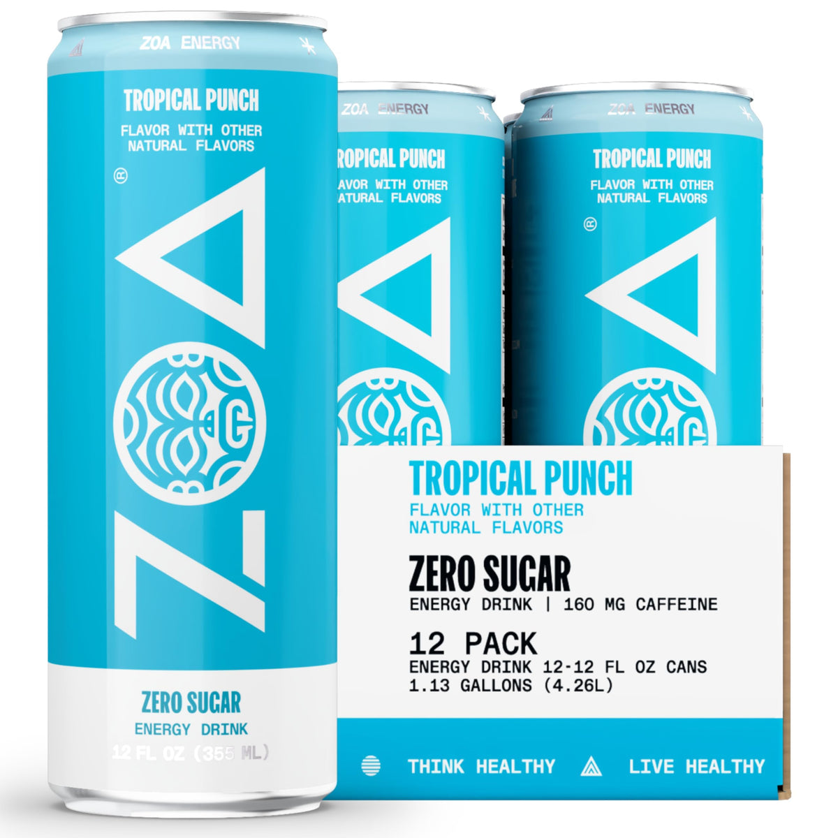 ZOA Tropical Punch can close-up showing a sugar-free energy option for busy days