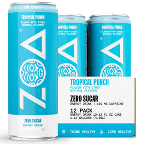 ZOA Tropical Punch can close-up showing a sugar-free energy option for busy days